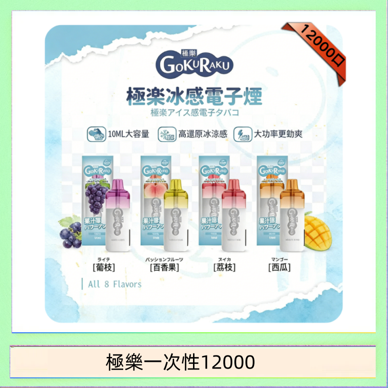 【8種口味】極楽 12000口一次性電子煙|超大容量 |口感絲滑|新品